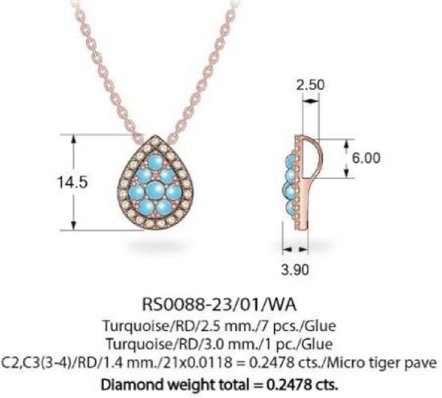 14K STRAWBERRY GOLD DIAMOND TURQUOISE PENDANT