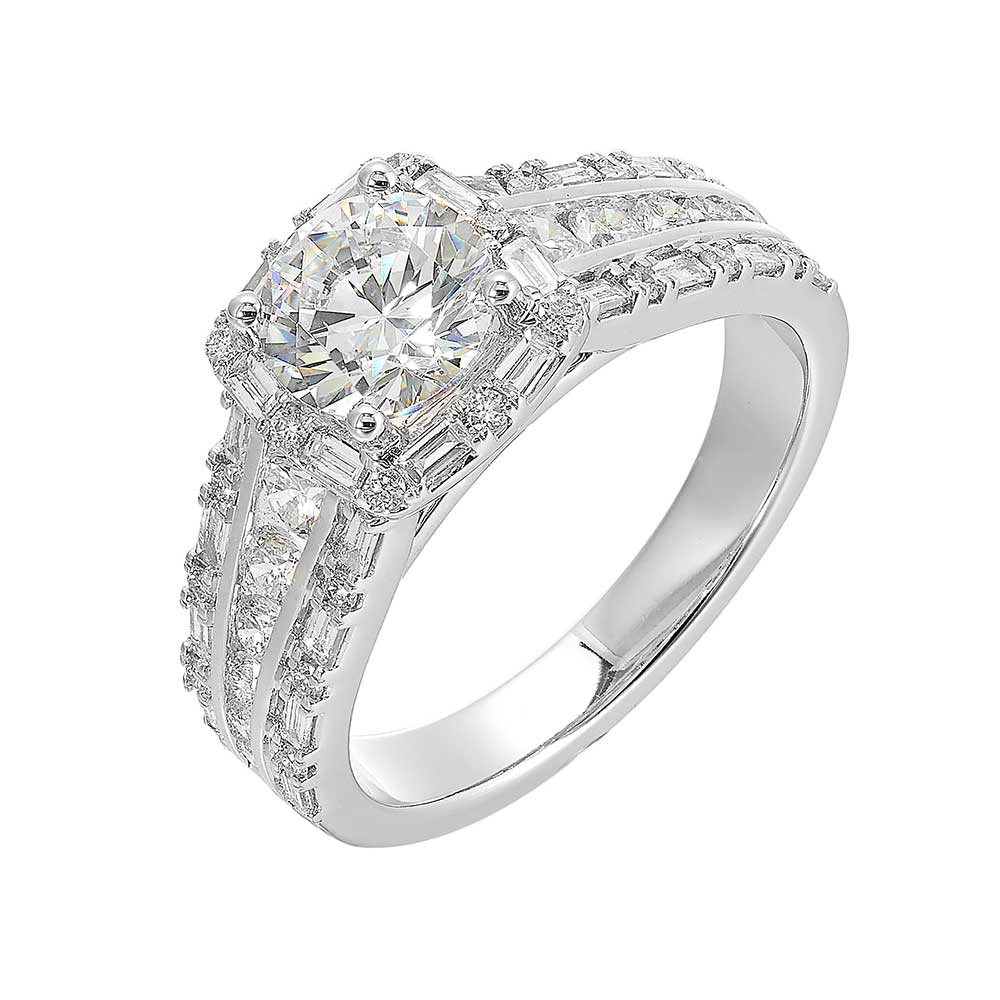 Round Solitare cushion halo ring features baguette and round diamonds. The band tappers towards the bottom, adorned with three row look is sure to impress her.