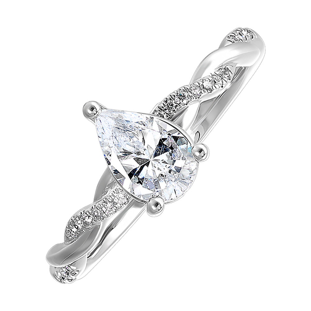 A pear cut diamond takes center stage, embraced by a mesmerizing criss cross shank adorned with playfulness of diamond and gold.