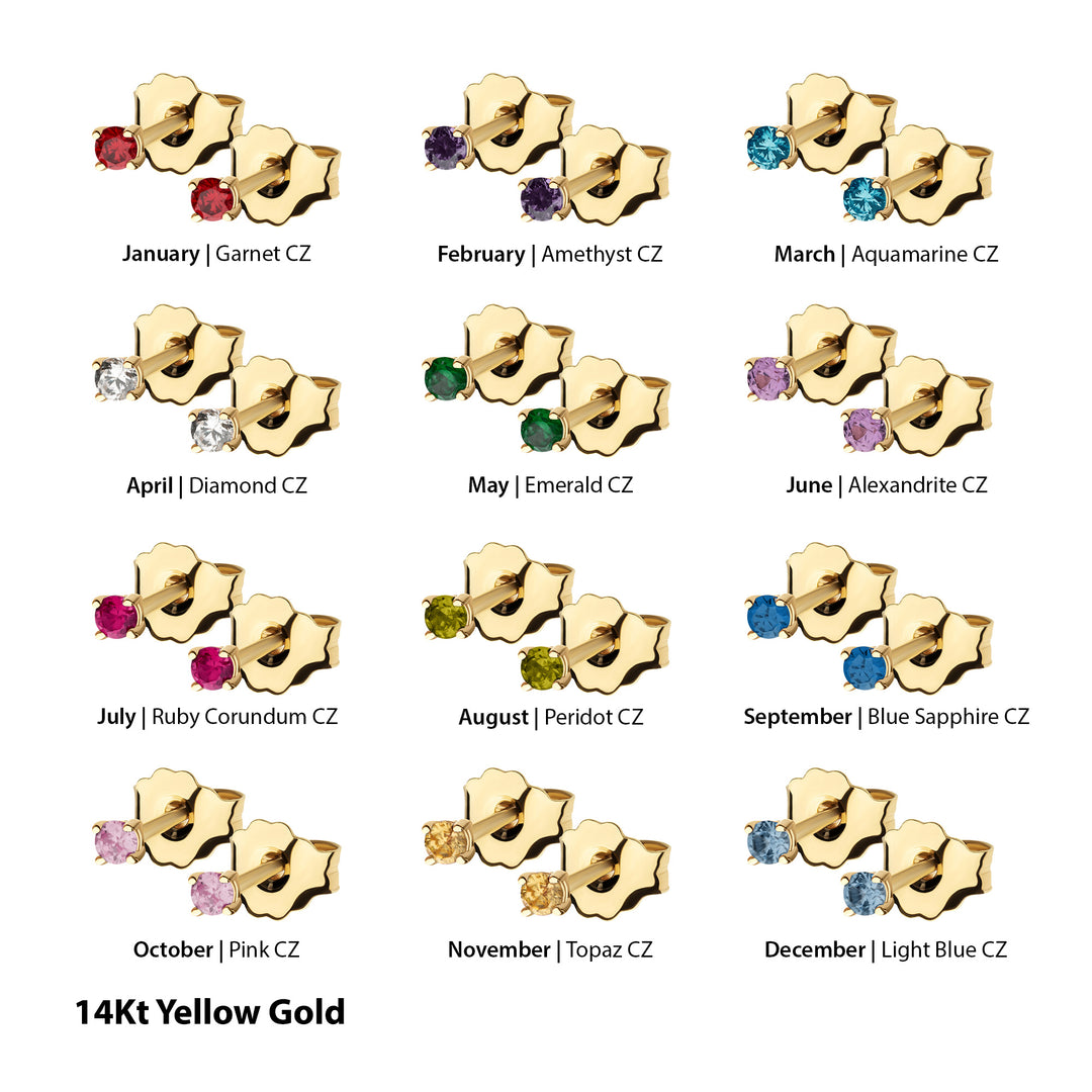 20g 14Kt Gold Birthstone Stud Earrings with 2mm 4-Prong Gem, Double Notch Post & Butterfly Back