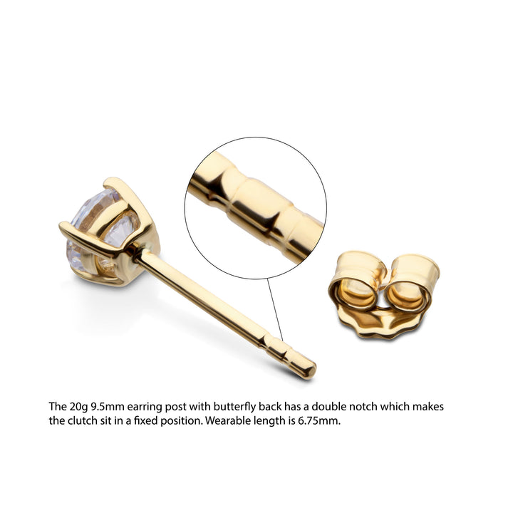 20g 14Kt Gold Birthstone Stud Earrings with 3mm 4-Prong Gem, Double Notch Post & Butterfly Back