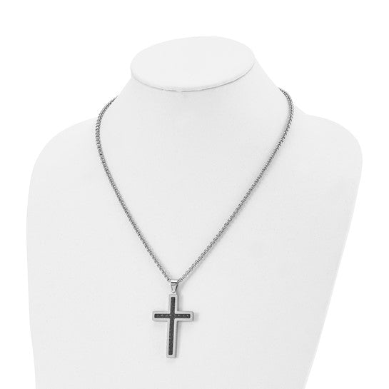 Chisel Stainless Steel Polished Black Genuine Leather Inlay Cross Necklace