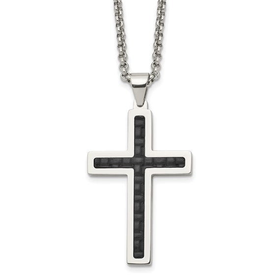 Chisel Stainless Steel Polished Black Genuine Leather Inlay Cross Necklace