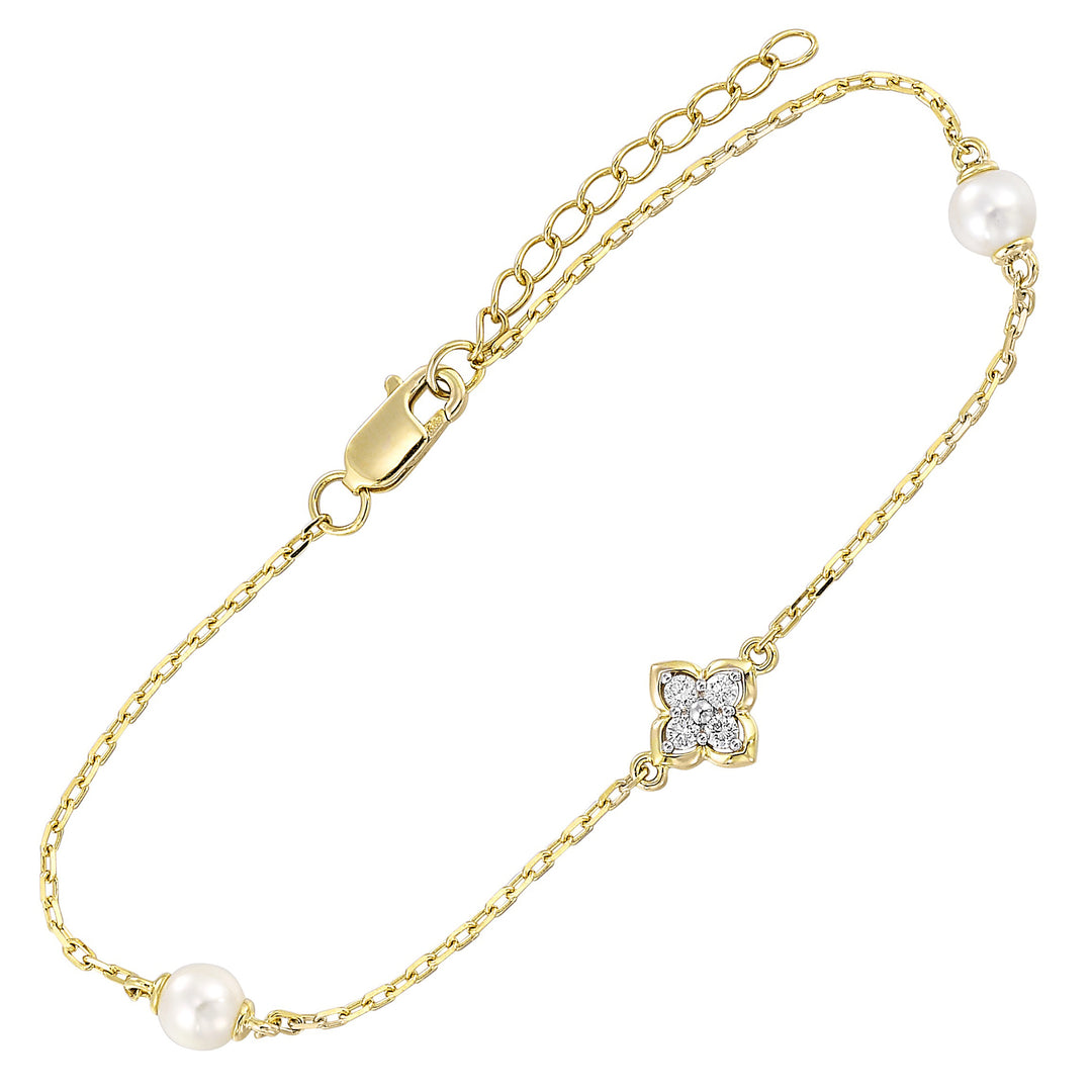 14Kt Yellow Gold Diamond 1/12Ctw & Pearl Bracelet