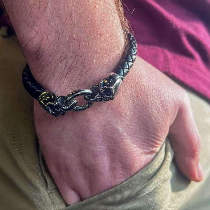 Black Leather with Skulls Bracelet