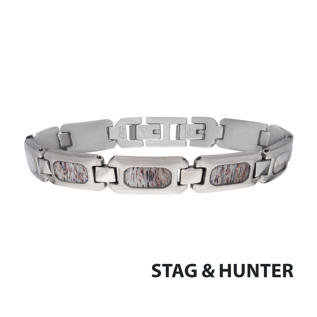 Matte Finish Stainless Steel Deer Antler Inlay Link Bracelet
