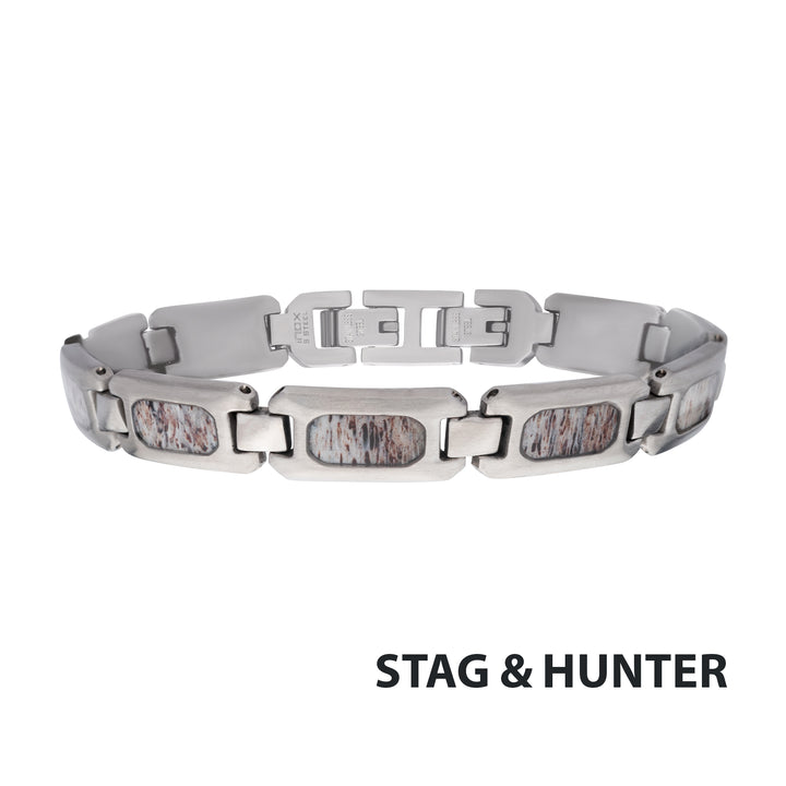 Matte Finish Stainless Steel Deer Antler Inlay Link Bracelet