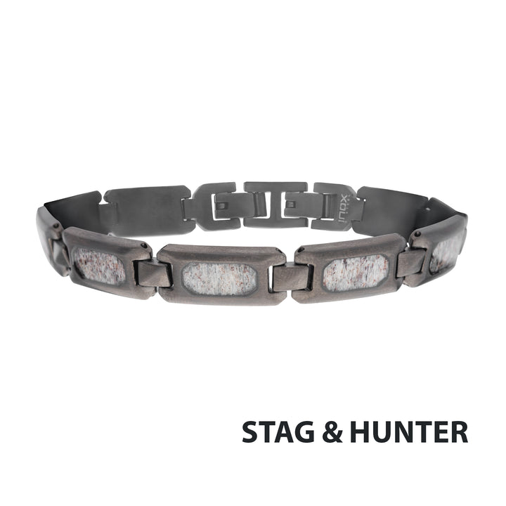 Matte Finish Gun Metal IP Deer Antler Inlay Link Bracelet