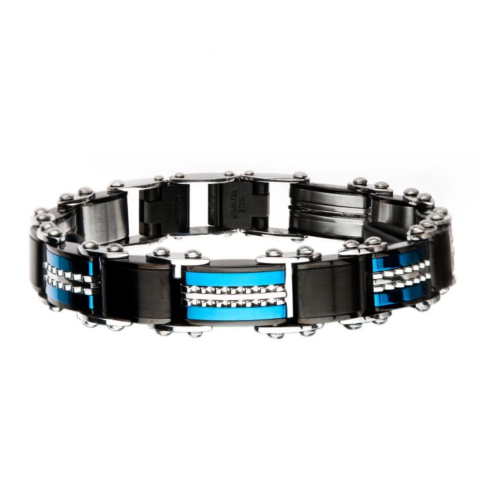 Double Sided Stainless Steel Black IP & Blue IP Reversible Bracelet