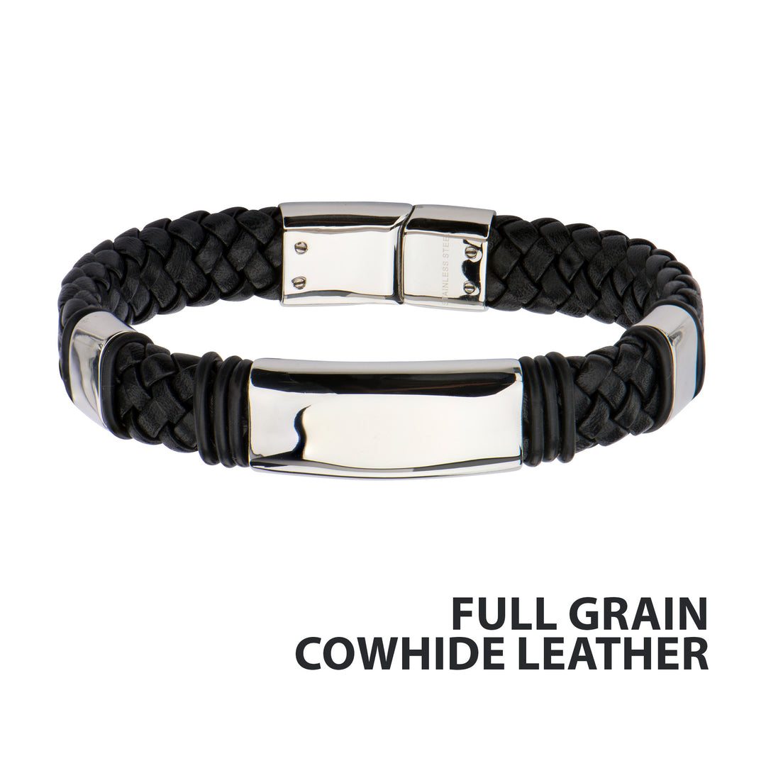 Stainless Steel Black Full Grain Cowhide Leather Bracelet