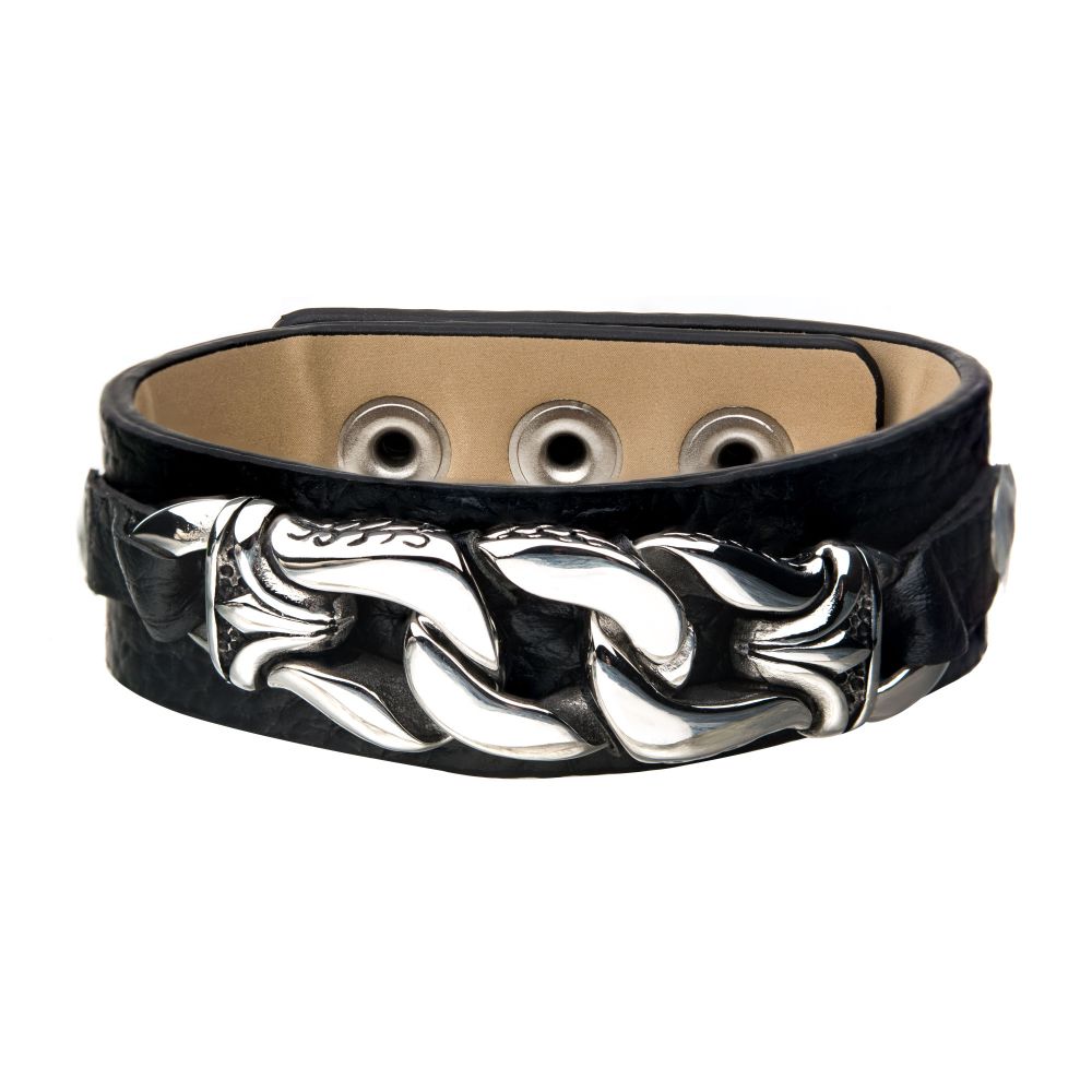 Brown Leather with Stainless Steel Heavy Chain Link Bracelet