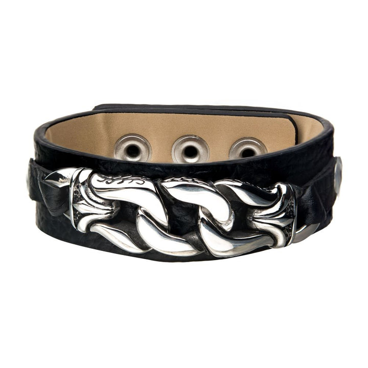 Brown Leather with Stainless Steel Heavy Chain Link Bracelet