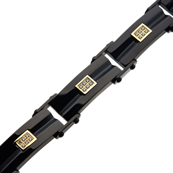 Black IP Steel Link Bracelet with Golden Glints of Embedded Clear CZ Gems