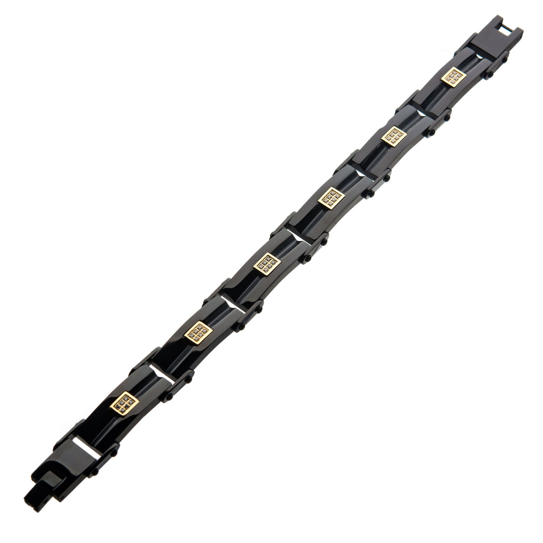 Black IP Steel Link Bracelet with Golden Glints of Embedded Clear CZ Gems