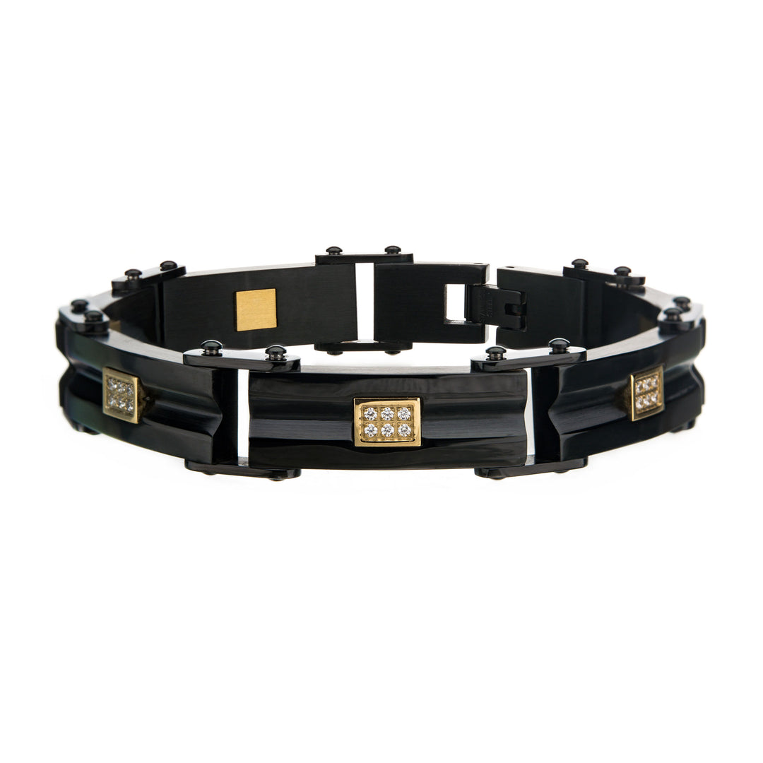 Black IP Steel Link Bracelet with Golden Glints of Embedded Clear CZ Gems