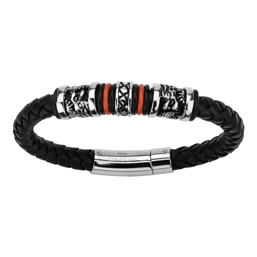 Black Full Grain Cowhide Leather with Red Orange Steel Bracelet