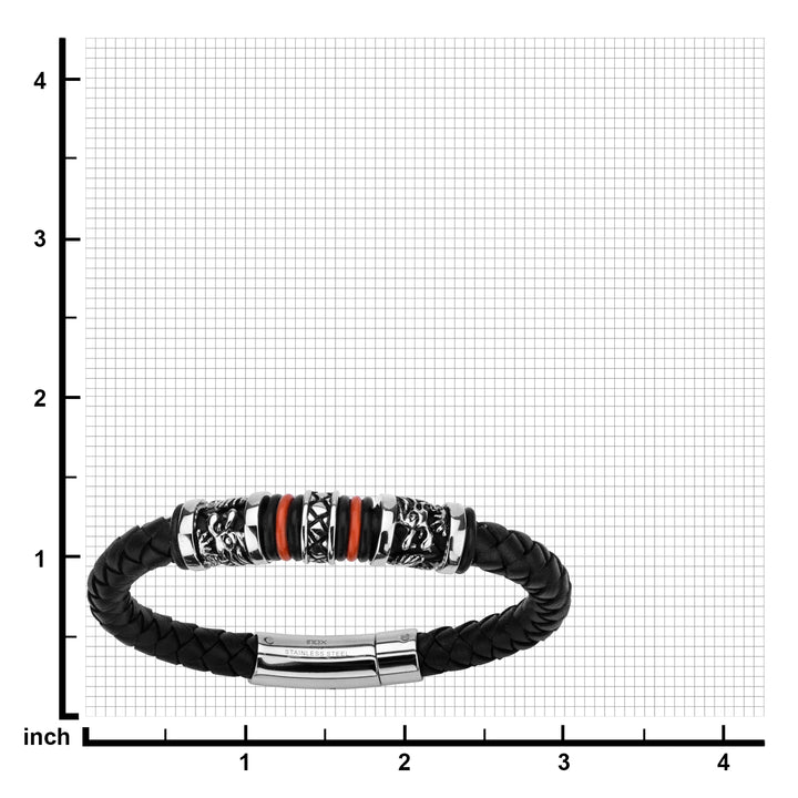 Black Full Grain Cowhide Leather with Red Orange Steel Bracelet