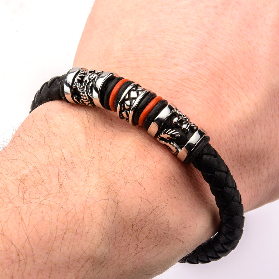 Black Full Grain Cowhide Leather with Red Orange Steel Bracelet