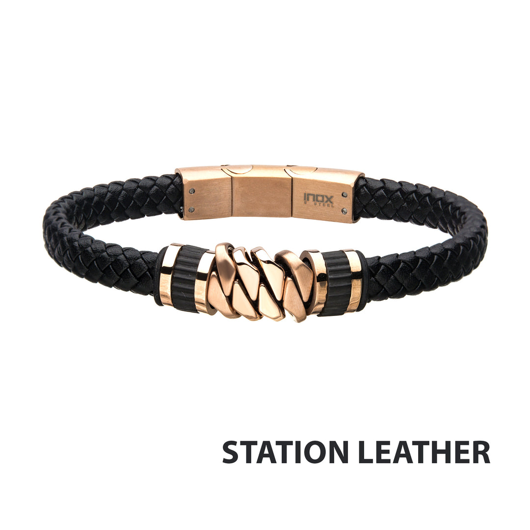 Black Braided Leather with Rose Gold IP Serrated Station Bracelet