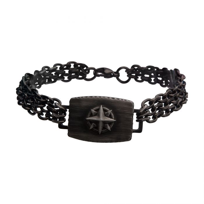 Gun Metal IP Compass Plate with Double Chain Link Bracelet