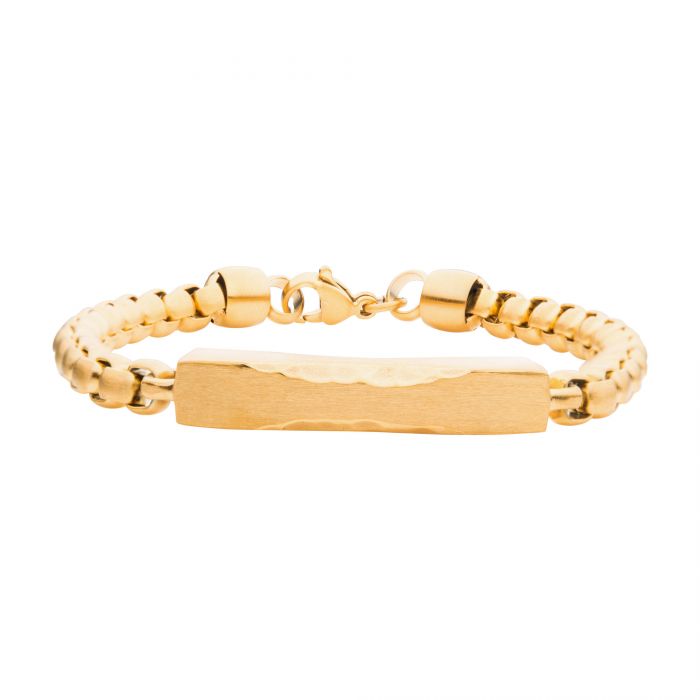 Matte 18Kt Gold IP Chiseled Engravable Drop with Bold Box Chain Bracelet