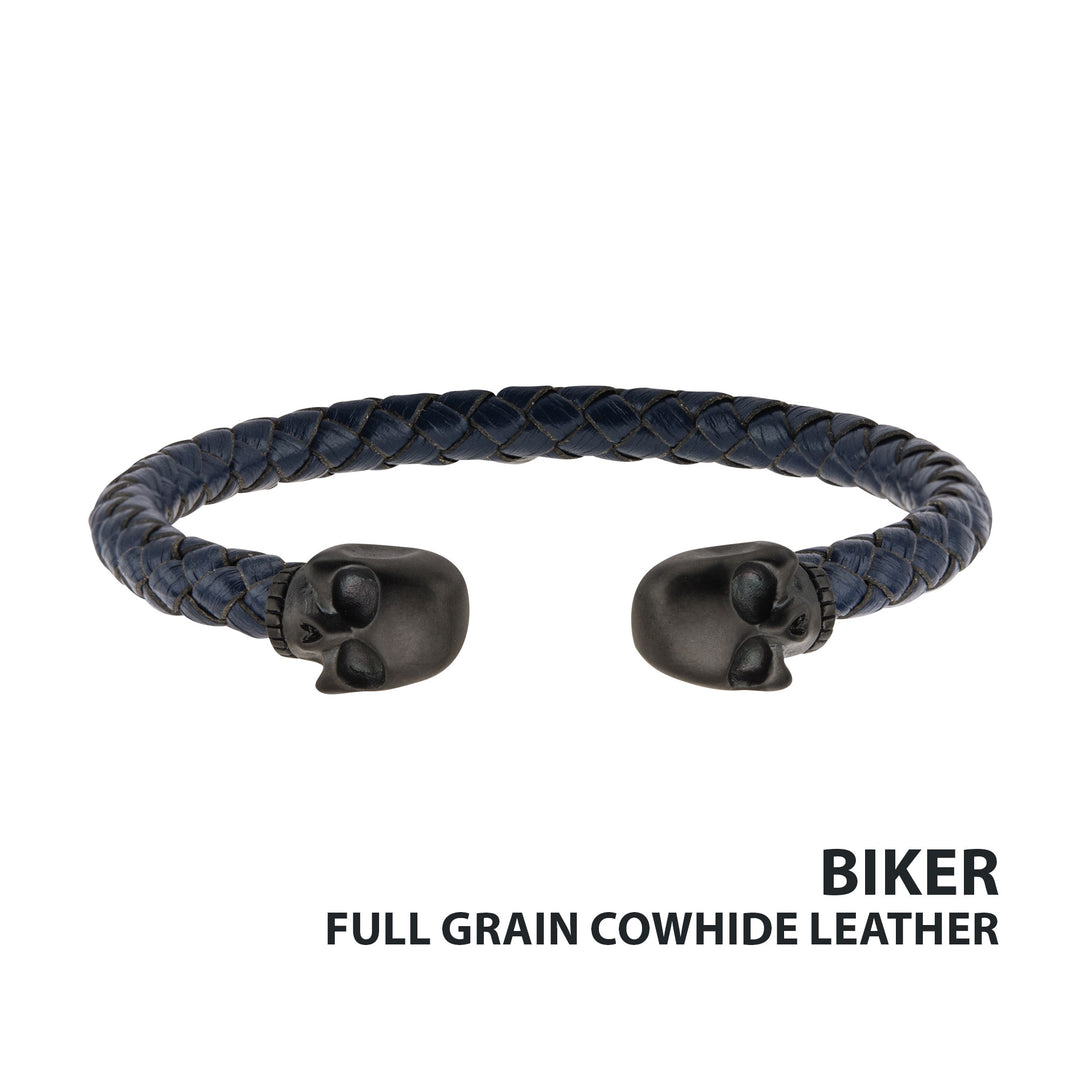 Blue Leather with Black IP Skull Cuff Bracelet