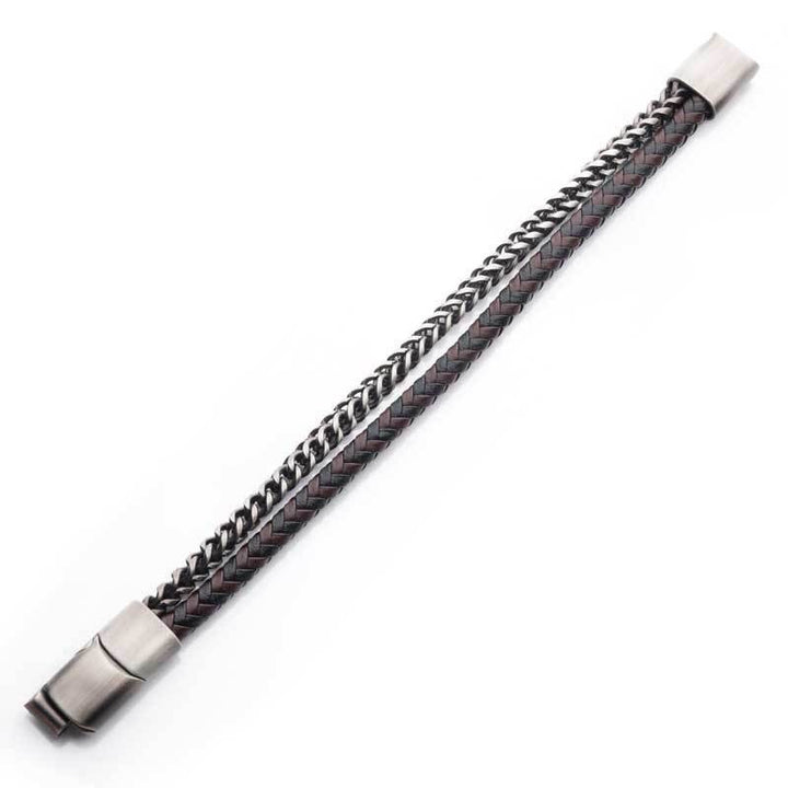 Multi Strand Leather and Stainless Steel Foxtail Chain Stacking Duo Bracelet