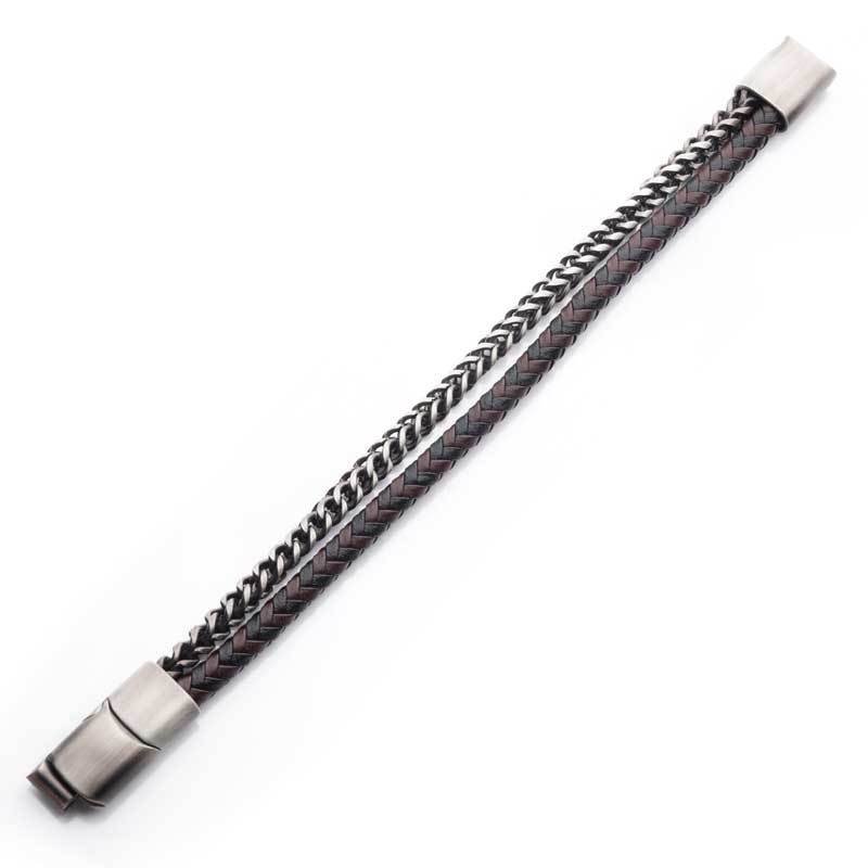 Multi Strand Leather and Stainless Steel Foxtail Chain Stacking Duo Bracelet