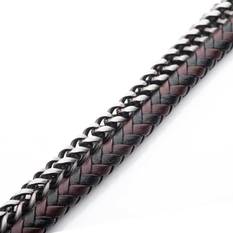 Multi Strand Leather and Stainless Steel Foxtail Chain Stacking Duo Bracelet