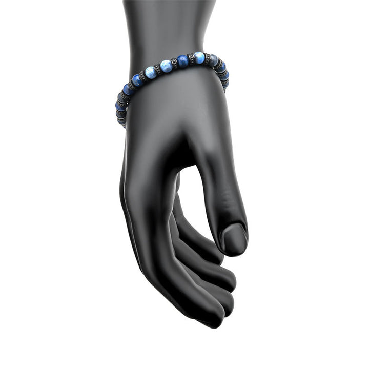 Black Steel Disks Alternating with Genuine Lapis Lazuli & Blue Sodalite Stone Beads Bracelet