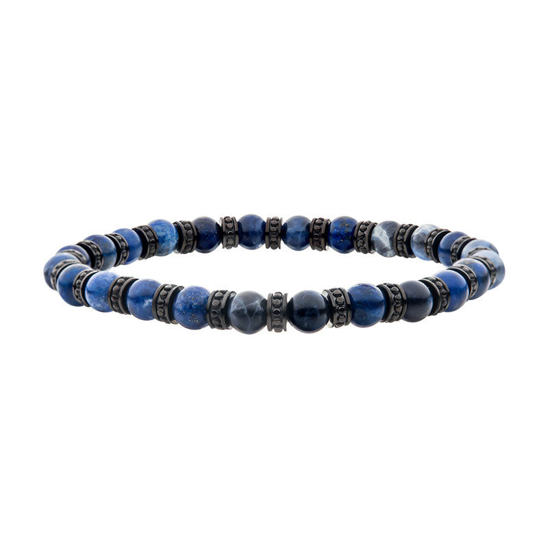 Black Steel Disks Alternating with Genuine Lapis Lazuli & Blue Sodalite Stone Beads Bracelet