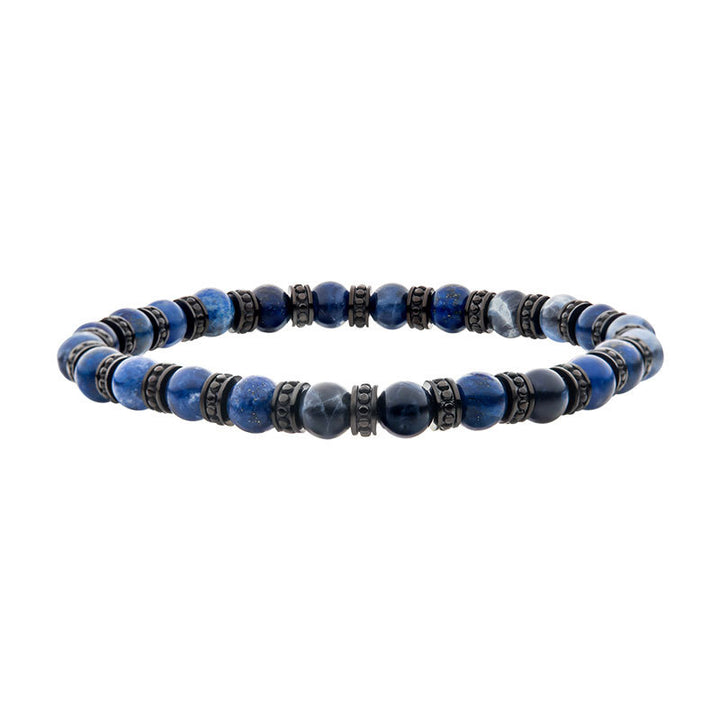 Black Steel Disks Alternating with Genuine Lapis Lazuli & Blue Sodalite Stone Beads Bracelet