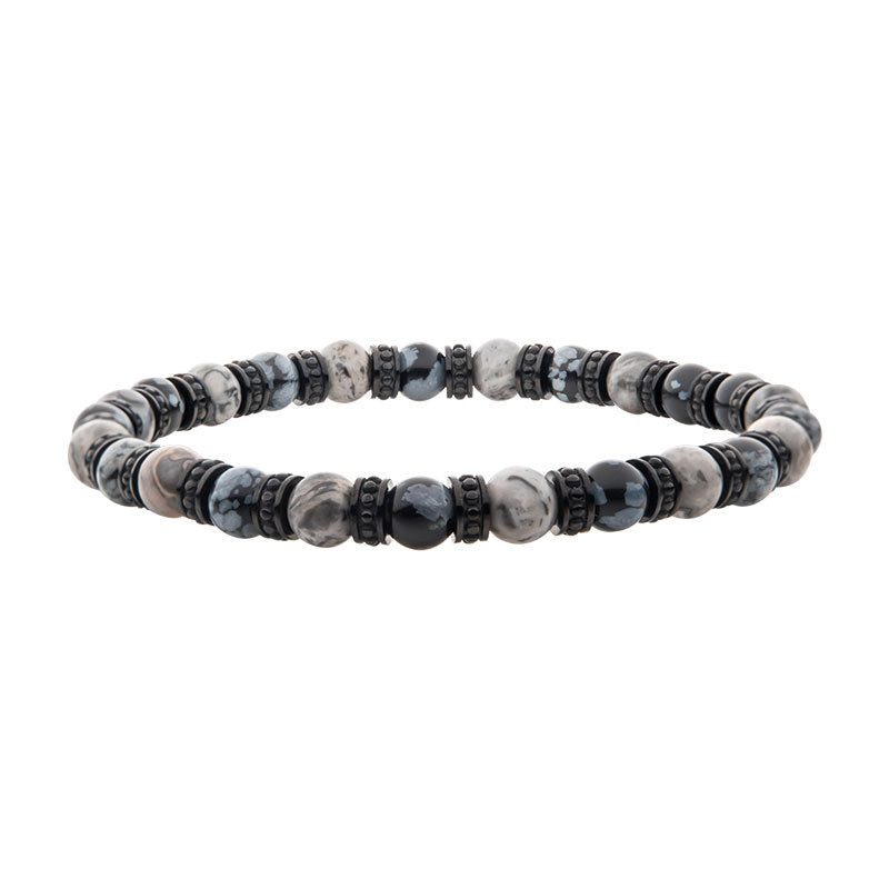 Black Steel Disks Alternating with Genuine Grey Jasper & Snowflake Obsidian Stone Beads Bracelet