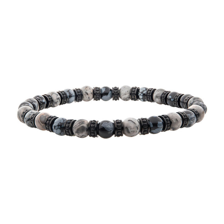 Black Steel Disks Alternating with Genuine Grey Jasper & Snowflake Obsidian Stone Beads Bracelet