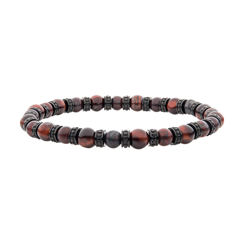 Black Steel Disks Alternating with Genuine Rainbow Jasper & Tiger Eye Stone Beads Bracelet