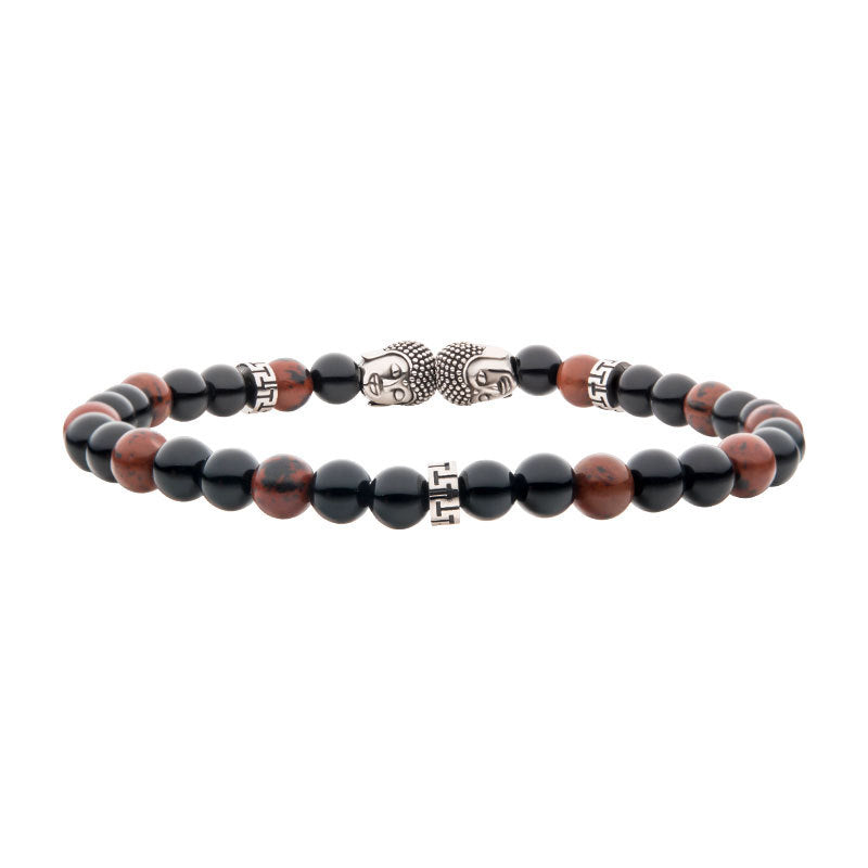 Steel Buddha Head Beads with Genuine Mahogany Obsidian Stone Beads Bracelet