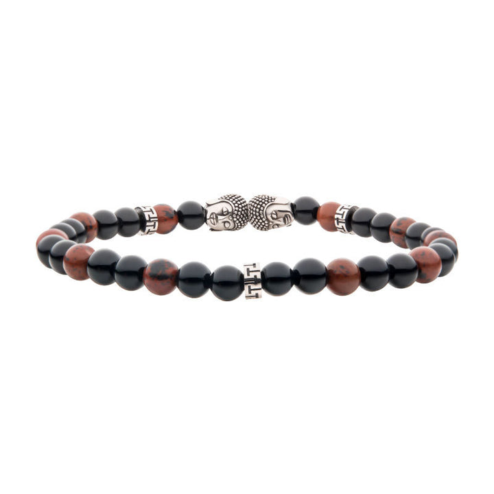 Steel Buddha Head Beads with Genuine Mahogany Obsidian Stone Beads Bracelet
