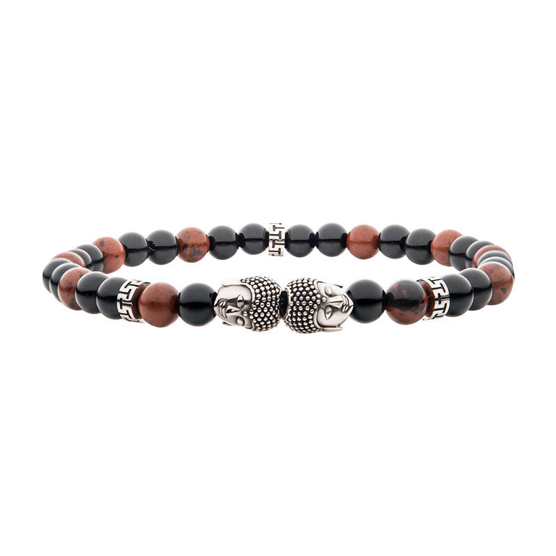 Steel Buddha Head Beads with Genuine Mahogany Obsidian Stone Beads Bracelet