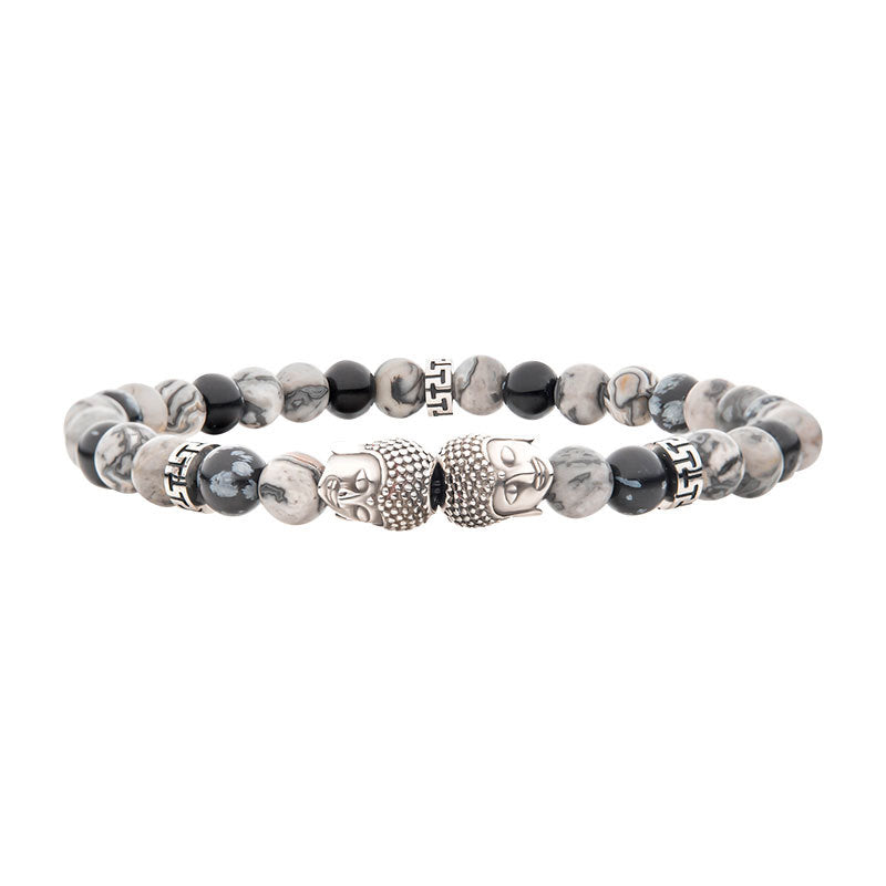 Steel Buddha Head Beads with Genuine Snowflake Obsidian Stone Beads Bracelet