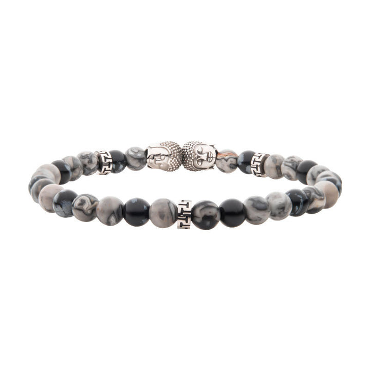 Steel Buddha Head Beads with Genuine Snowflake Obsidian Stone Beads Bracelet