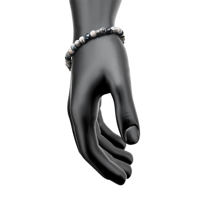 Steel Buddha Head Beads with Genuine Snowflake Obsidian Stone Beads Bracelet