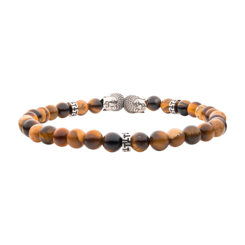 Steel Buddha Head Beads with Genuine Tiger Eye Stone Beads Bracelet