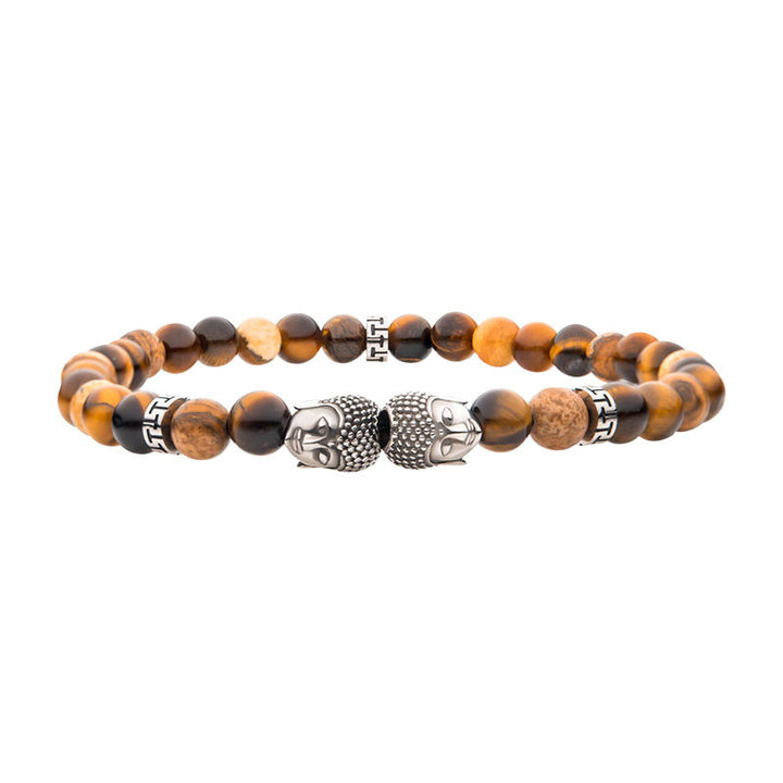 Steel Buddha Head Beads with Genuine Tiger Eye Stone Beads Bracelet