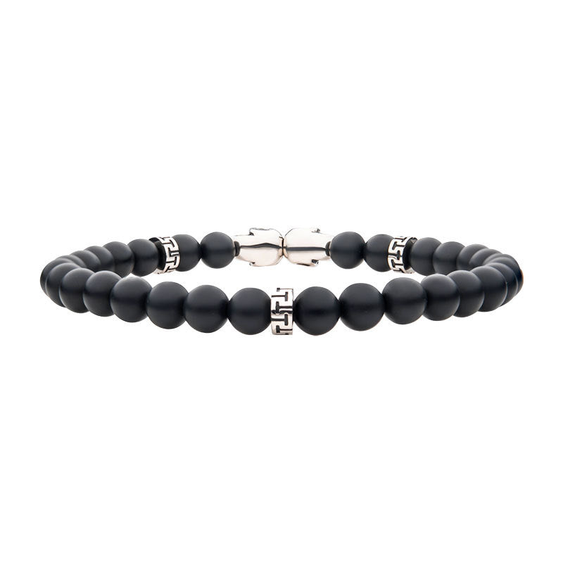 Steel Skull Beads with Genuine Black Agate Stone Beads Bracelet