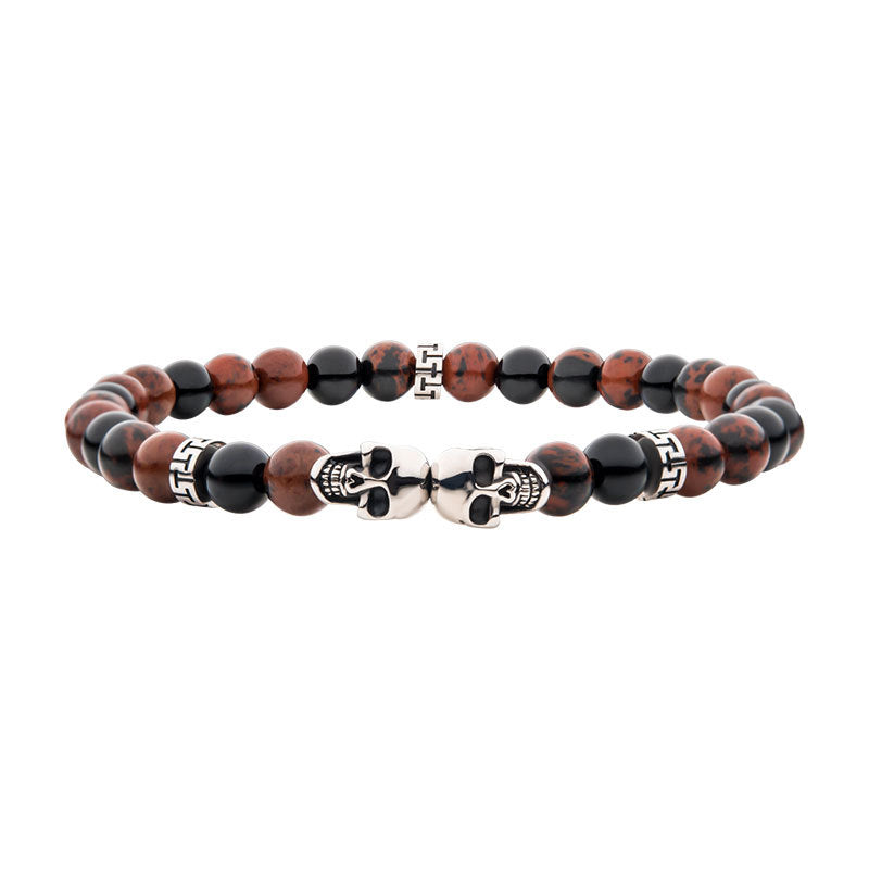 Steel Skull Beads with Genuine Mahogany Obsidian Stone Beads Bracelet