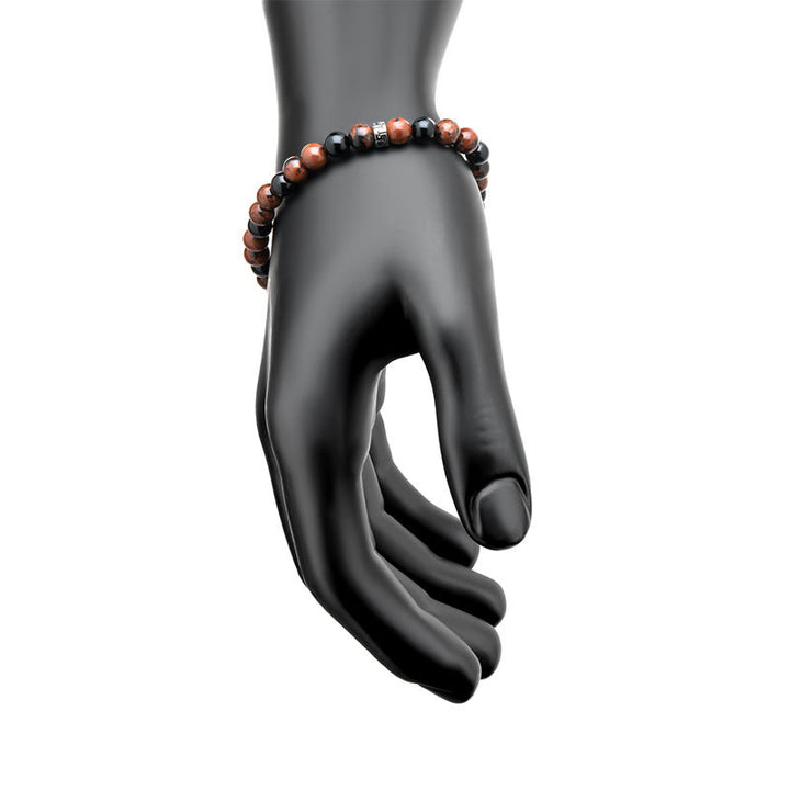 Steel Skull Beads with Genuine Mahogany Obsidian Stone Beads Bracelet