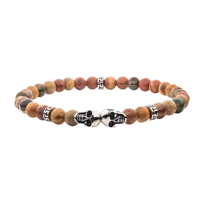 Steel Skull Beads with Genuine Fossil Jasper Stone Beads Bracelet