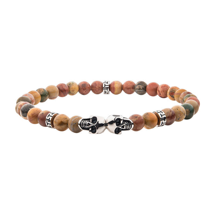 Steel Skull Beads with Genuine Fossil Jasper Stone Beads Bracelet