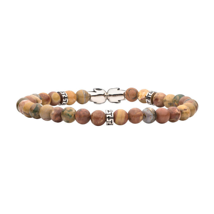 Steel Skull Beads with Genuine Fossil Jasper Stone Beads Bracelet
