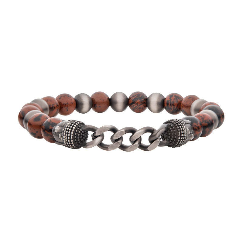 Gun Metal IP Buddha Curb Chain with Genuine Mahogany Obsidian Stone Beads Bracelet